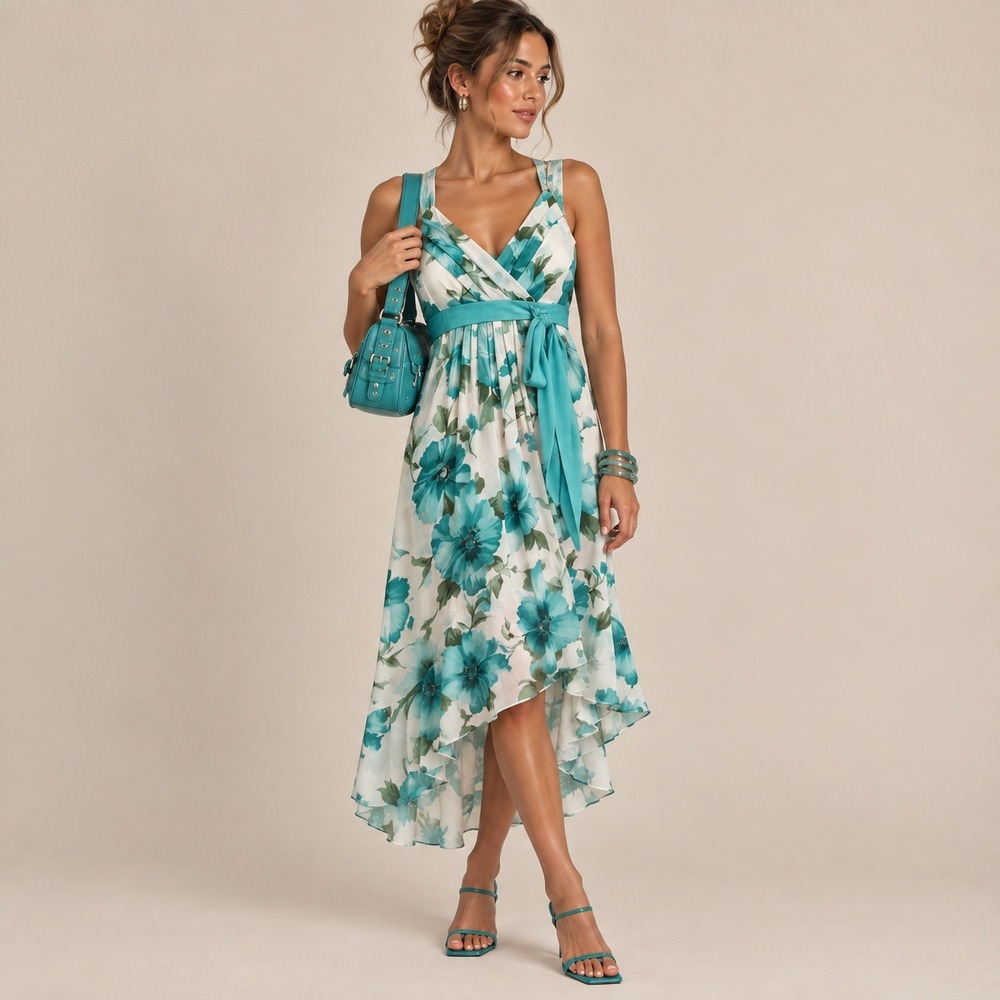 Trixxi Y2K Floral Faux Wrap High Low Dress Turquoise White Bow Fairy WhimsyXL